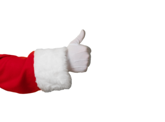 Santa Claus hand showing thumb up isolated on transparent background