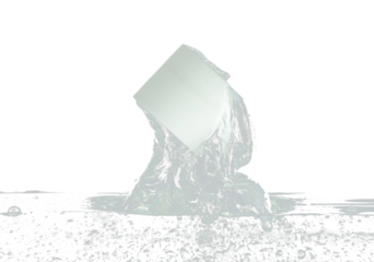 Cosmetic container fall into clear water with air bubble. Small cosmetic treatment container drop to clear water of freshness. Black background isolated freeze element