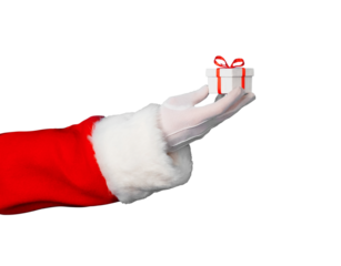 Santa Holding Small Gift Box in his hand isolated over transparent background