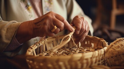 Close-Up of an Elderly Gentle woman's Hands Engaged in Wicker and Bamboo Basketry Indoors - obrazy, fototapety, plakaty