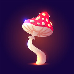 Fairy fantasy cartoon mushroom  with outgrowth on dark blue background. Vector fly agaric, fantastic glowing mystical cap and neon light glow. A beautiful, mysterious sticker. Modern colors and lines.