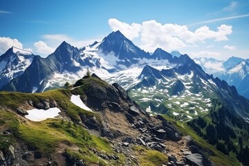 Fototapeta na wymiar a landscape photo of the Mount Alps, sunny weather. Ultra wide shot, wide angle lens, beautiful, breath taking