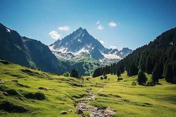 a landscape photo of the Mount Alps, sunny weather. Ultra wide shot, wide angle lens, beautiful, breath taking