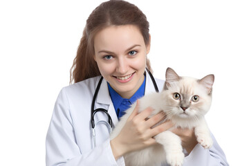 Photo of a veterinary with a cat on a PNG white background