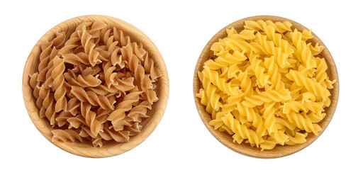 Wolegrain fusilli pasta from durum wheat in wooden bowl isolated on white background with full...