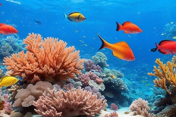 Naklejka na ściany i meble Vibrant Fish Among Colorful Corals: A Stunning Underwater Scene. Generative AI.