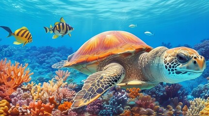 Obraz premium Underwater Marvel: Turtle with Colorful Fish, Sea Animals, and Vibrant Coral in Ocean. 