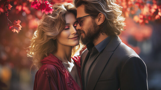 A loving couple enjoys a romantic moment in a beautiful park.Generative AI
