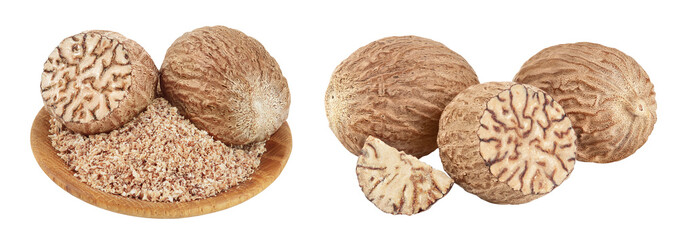 Whole and grated nutmeg in wooden bowl isolated on white background with full depth of field.