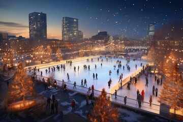 bustling urban park transformed into a winter wonderland, with families skating on a frozen pond beneath twinkling holiday lights - Generative AI