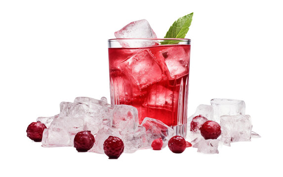 Tasty Glass of Red Cranberry Juice With ice Cubes Isolated on White Transparent Background.
