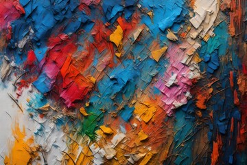 Closeup of abstract rough colorful multicolored art painting texture, with oil brushstroke, pallet knife paint on canvas