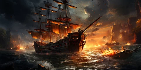Poster Im Rahmen Intense naval battle scene between rival pirate ships, with cannons firing, sails billowing, and pirates swinging from ropes in a clash for supremacy © Илля Вакулко