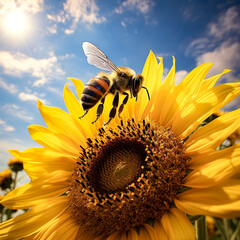 bee flies near sunflower