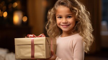 Fototapeta na wymiar An adorable smiling girl with a wrapped Christmas gift standing in a decorated living room. Close-up portrait of a happy child holding a bright New Year present at home. Winter Holidays concept.