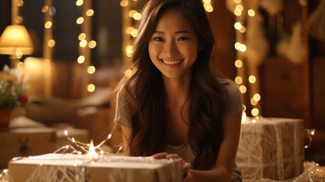 Smiling Asian Woman With A Wrapped Christmas Gift In A Decorated Living Room. Close-up Portrait Of A Happy Chinese Girl Holding A Covered New Year Present At Home. Holidays Concept.