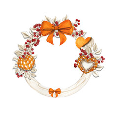 Fall wreath with oranges hearts and ribbons. For cards, backgrounds. Watercolor illustration for scrapbooking. Perfect for wedding invitation.