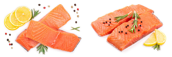fillet of red fish salmon with lemon and rosemary isolated on white background. Top view. Flat lay