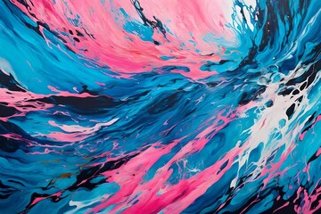Abstract art painting in blue and pink colors, creative hand painted background, fragment of acrylic painting on canvas, marble texture, liquid artwork, abstract ocean. Modern art.