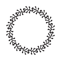 Scandi wreath in quirky vector style isolated on white background. Decorative frames for playful antique graphics. Monochrome ornate quirky illustration. 
