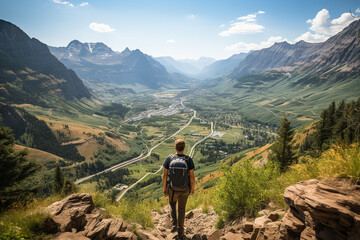 A scenic view of a person hiking in the mountains, connecting with nature for overall wellness