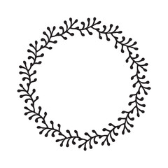 Scandi wreath in quirky vector style isolated on white background. Decorative frames for playful antique graphics. Monochrome ornate quirky illustration. 