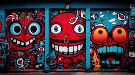 Papier Peint photo Lavable Graffiti graffiti on wall cartoon design, funny face and alien things, Generative ai