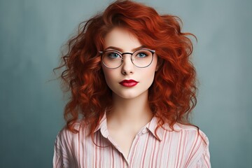 Obraz premium Young beautiful woman with red hair and stylish glasses exuding modern fashion and elegance in a studio portrait.