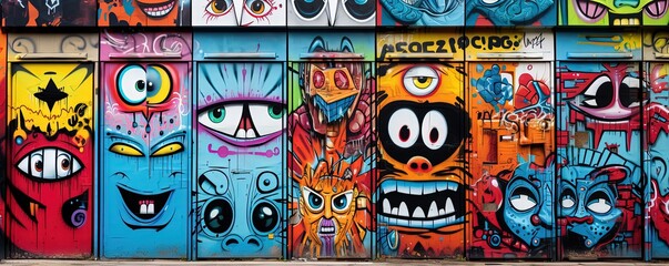 Fototapeta na wymiar graffiti on wall cartoon design, funny face and alien things, Generative ai