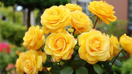A beautiful Display of Fresh yellow Roses blooming in the garden