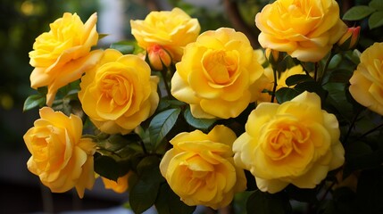 A beautiful Display of Fresh yellow Roses blooming in the garden