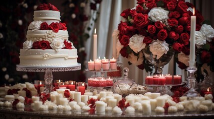 A Beautiful Scene: White and Dusty Red Roses Enhancing the Wedding Decoration
