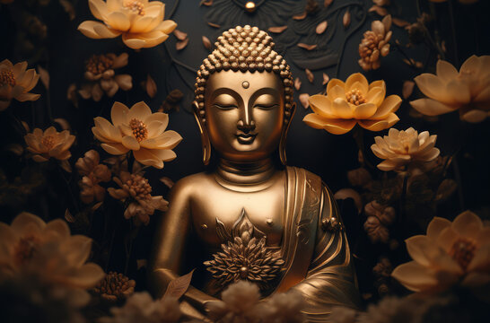 Buddha golden statue decorated with lotus blossoms