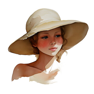 woman with sun hat watercolor illustration isolated transparent background