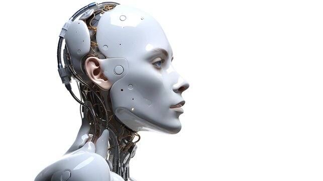 Beauty portrait of a robot cyborg with cables and mechanisms on white background