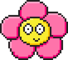 Fototapeta premium Pixel art flower emoji sticker in the mood of 90's game aesthetics. Vector 8-bit retro style illustration for card, social media, banner, collage. 