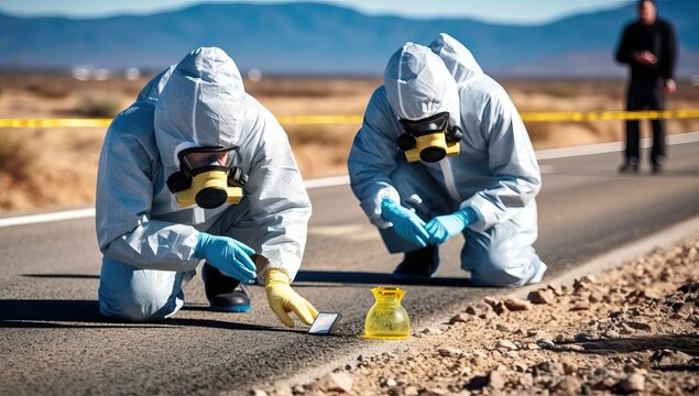 Team of scientists in hazmat suits examining soil sample on the road
