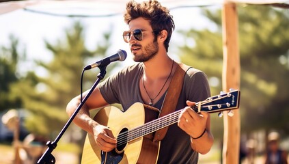 Handsome young man playing guitar on a sunny day in the park - obrazy, fototapety, plakaty