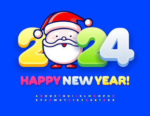 Vector funny Greeting Card Happy New Year 2024 with decorative Santa Claus. Cute colorful Font. Set of 3D bright Alphabet Letters and Numbers