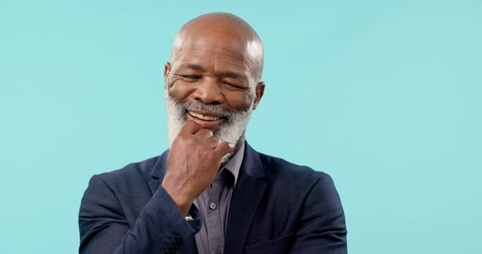 Senior, black man in business and thinking of solution, success in problem solving and decision in studio. Future, yes to ideas and question with right choice, memory or remember on blue background