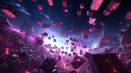Virtual Reality space world in a block, cube effect. Video Game retro asteroid field. purple, pink...