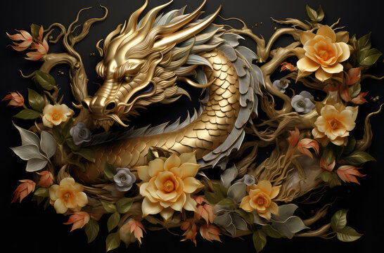 Happy chinese new year 2024 , the dragon zodiac and flower with gold style on color background
