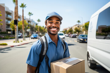A smiling African American guy delivering packages.
