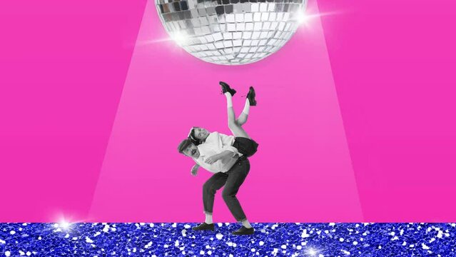 Happy, smiling young couple, man and woman dancing retro dance against disco ball. Love and fun. Stop motion. Animation.