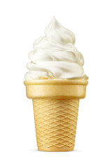 Soft serve vanilla ice cream cone isolated. Transparent PNG image.
