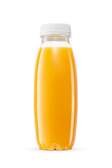 Fresh orange juice in a small plastic bottle isolated. Transparent PNG image.