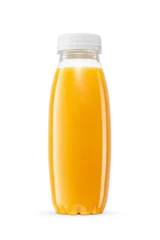 Poster Fresh orange juice in a small plastic bottle isolated. Transparent PNG image. © Kuzmick