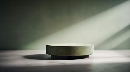 A white ottoman in a green room.