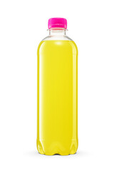 Yellow isotonic sport energy drink in a transparent bottle isolated. Transparent PNG image.