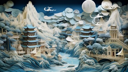 A Paper Quilling Masterpiece: Multidimensional Cityscape featuring Auspicious Clouds, Stream, Boat, Pine Trees, Mountain Range, and Ancient Buildings